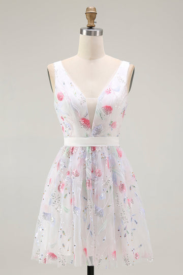 Sparkly Floral White V-Neck Backless A Line Sequin Homecoming Dress